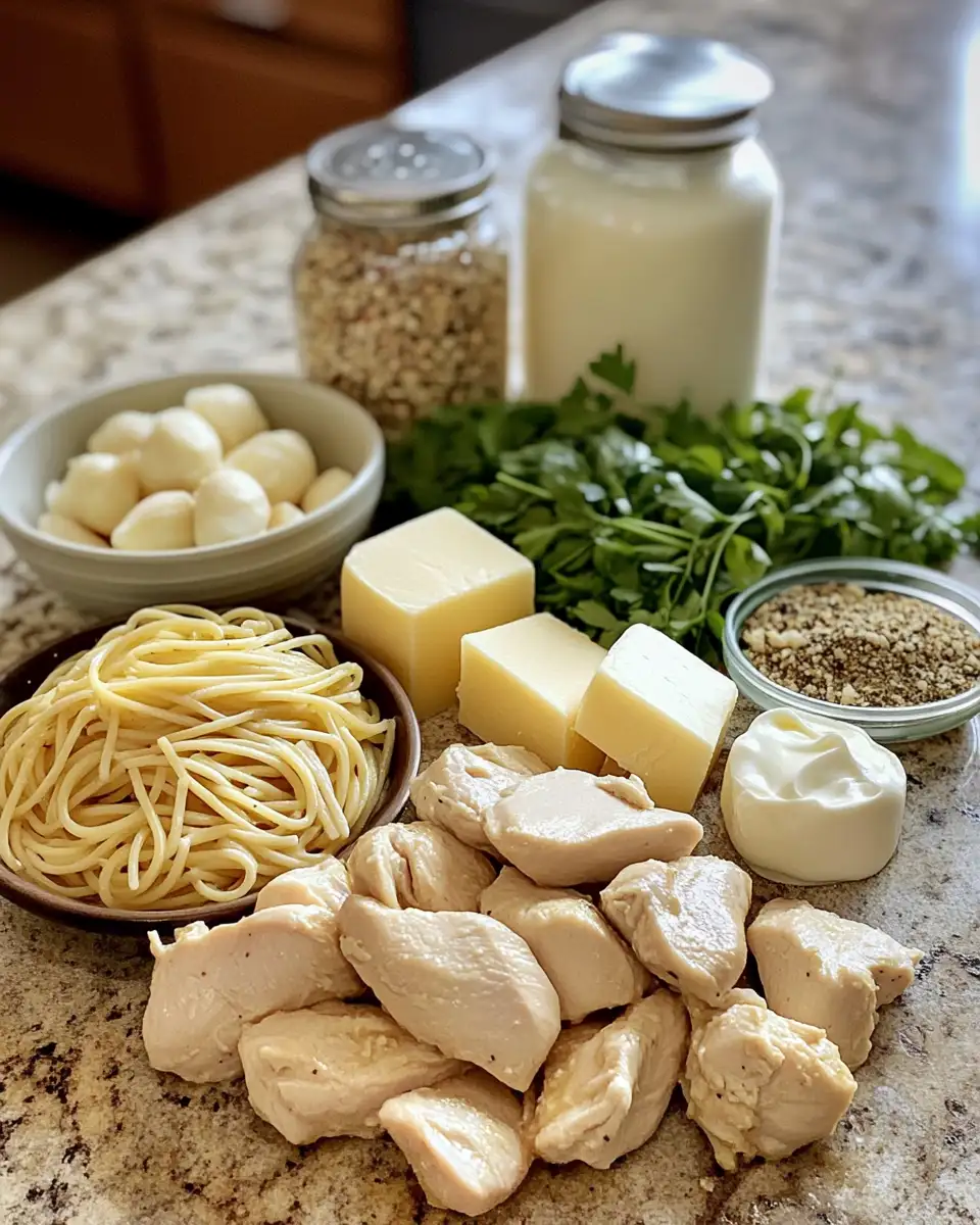 Ingredients for Irresistible Garlic Butter Chicken Bites and Creamy Parmesan Pasta Delight