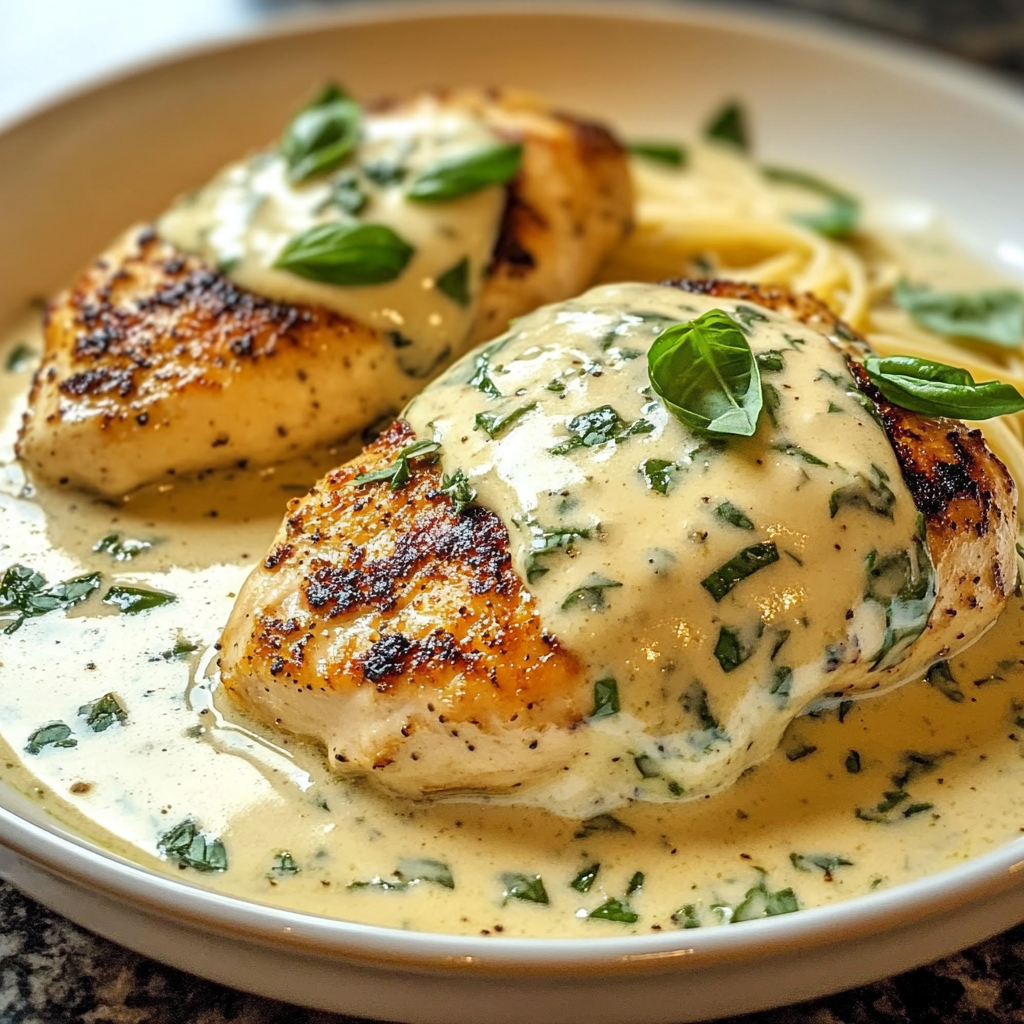 Melt-In-Your-Mouth Mozzarella Chicken in Luscious Basil Cream Sauce - Featured Image