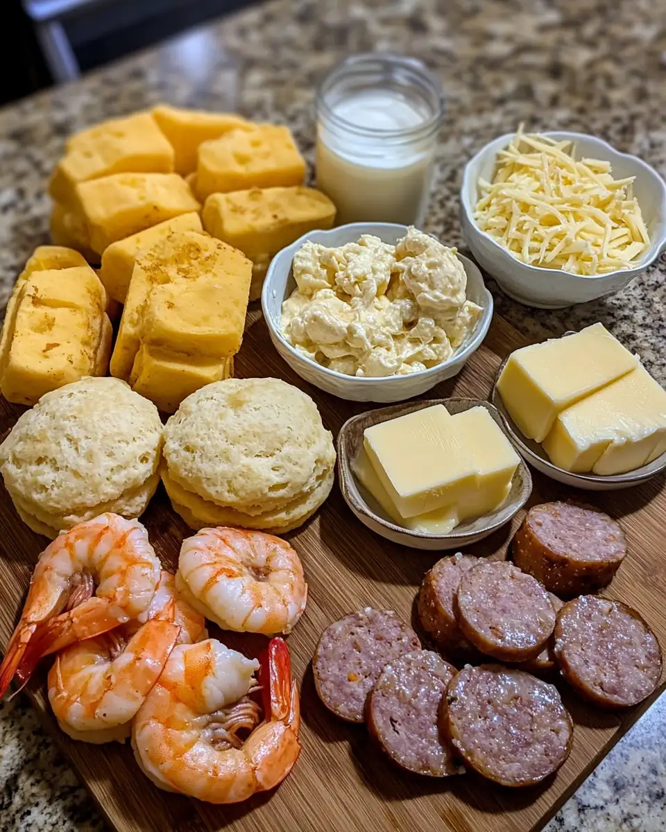 Savory Southern Delight: Cheddar Biscuits with Shrimp and Andouille Gravy 4 Ingredients for Savory Southern Delight: Cheddar Biscuits with Shrimp and Andouille Gravy
