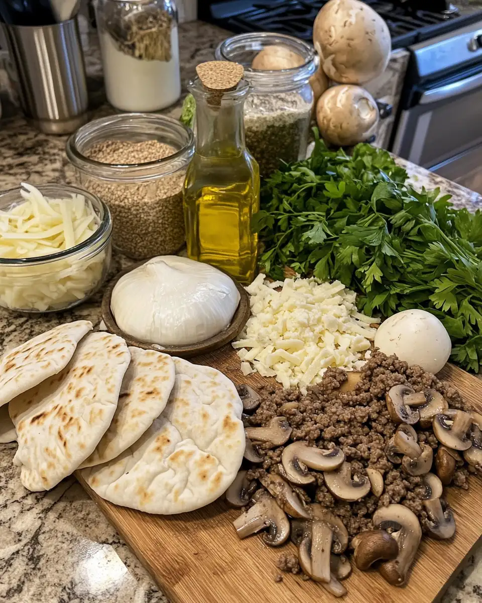 Mouthwatering Cheesy Beef and Mushroom Pita Pockets Delight 4 Ingredients for Mouthwatering Cheesy Beef and Mushroom Pita Pockets Delight
