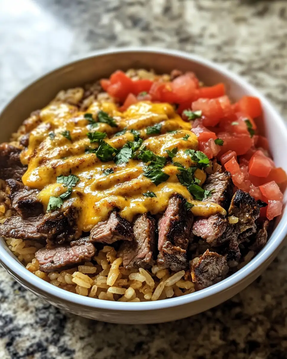 Indulge in Ultimate Comfort: Cheesy Steak & Queso Rice Bowl Delight 6 Final dish - Indulge in Ultimate Comfort: Cheesy Steak & Queso Rice Bowl Delight