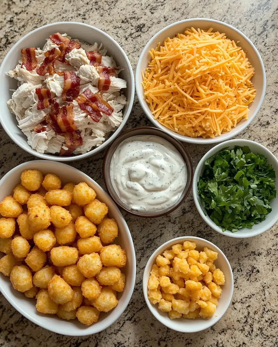 Ingredients for Irresistible Chicken Bacon Ranch Tater Tot Casserole Delight