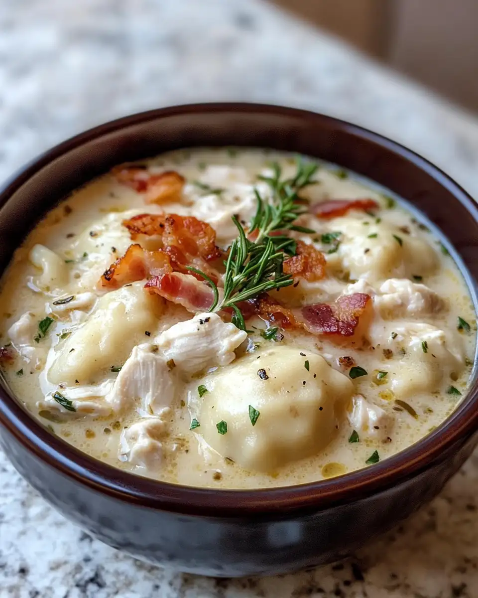 Warm Up with Creamy Pierogi Chicken Soup with Rosemary Bacon 6 Final dish - Warm Up with Creamy Pierogi Chicken Soup with Rosemary Bacon