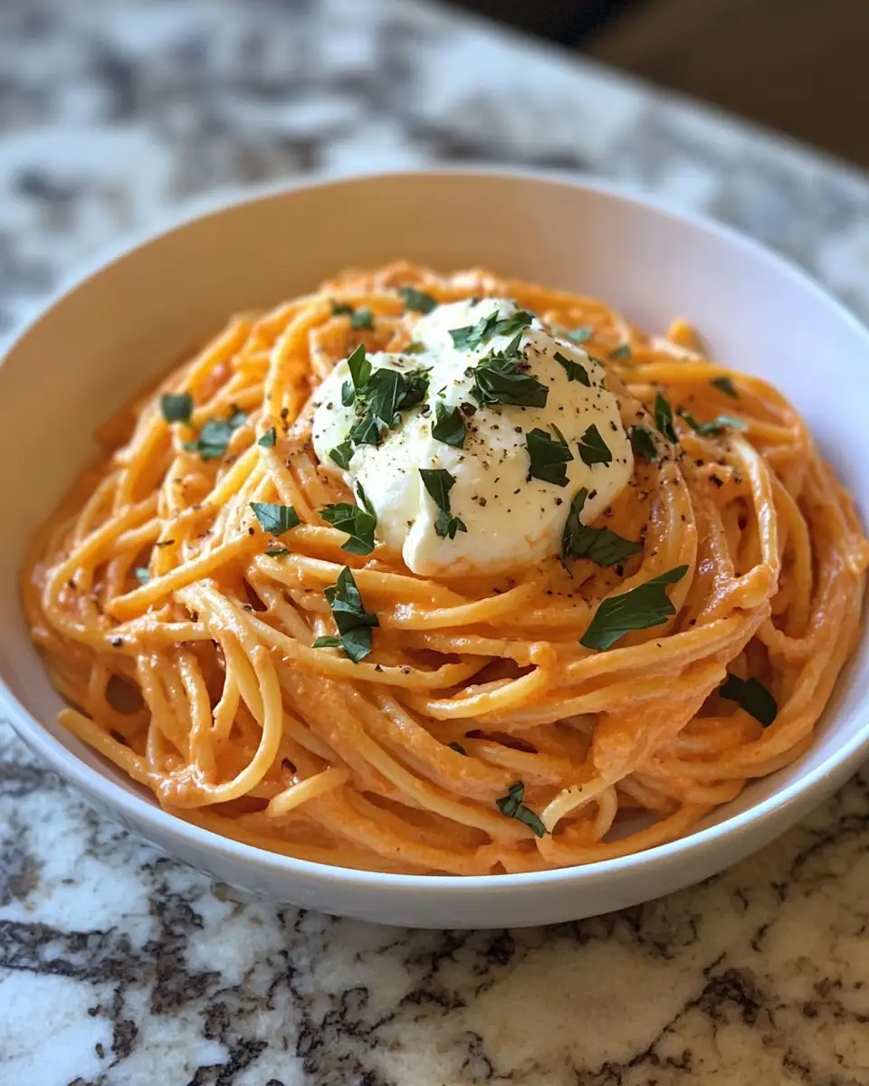 Indulge in Creamy Red Pepper Pasta with Burrata & Fresh Herbs 6 Final dish - Indulge in Creamy Red Pepper Pasta with Burrata & Fresh Herbs