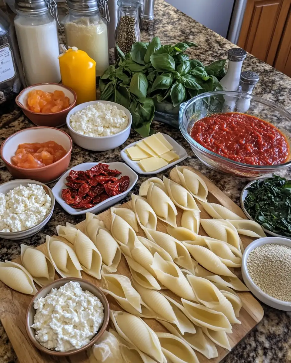 Indulge in Irresistible Creamy Sun-Dried Tomato and Ricotta Stuffed Shells 4 Ingredients for Indulge in Irresistible Creamy Sun-Dried Tomato and Ricotta Stuffed Shells