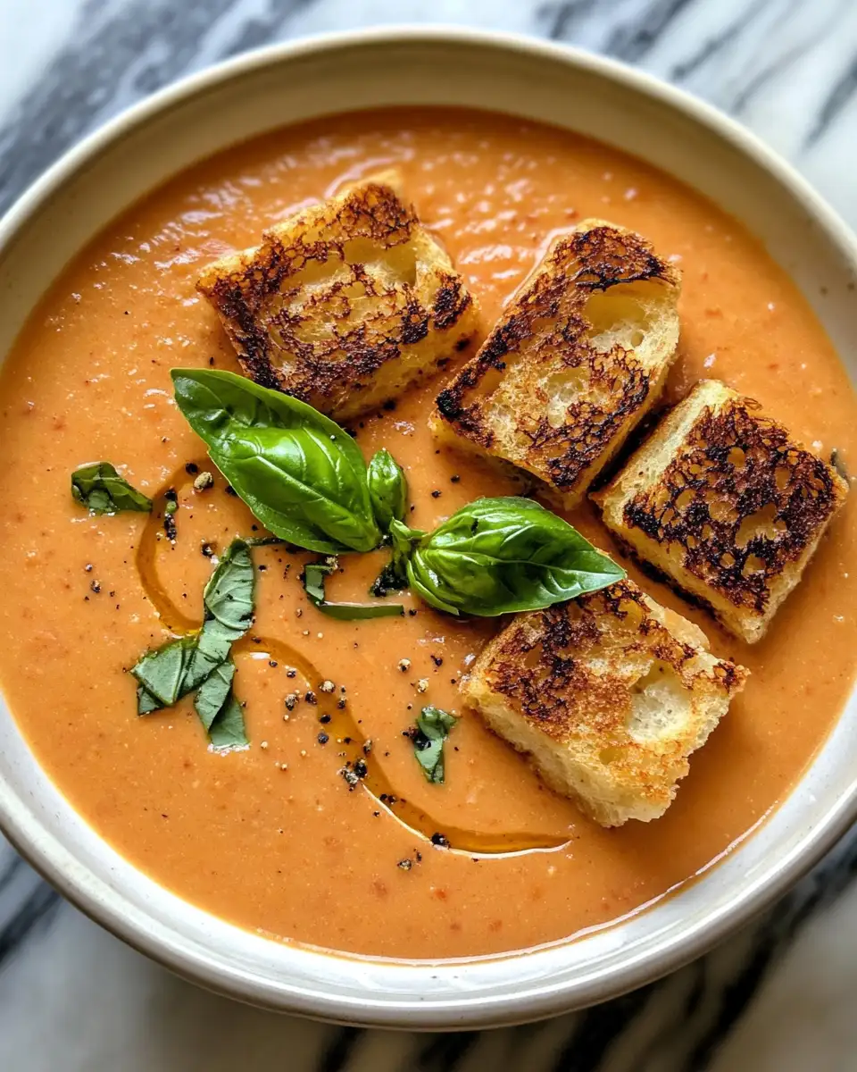 Indulge in Comfort: Creamy Tomato Bisque with Grilled Cheese Croutons 6 Final dish - Indulge in Comfort: Creamy Tomato Bisque with Grilled Cheese Croutons