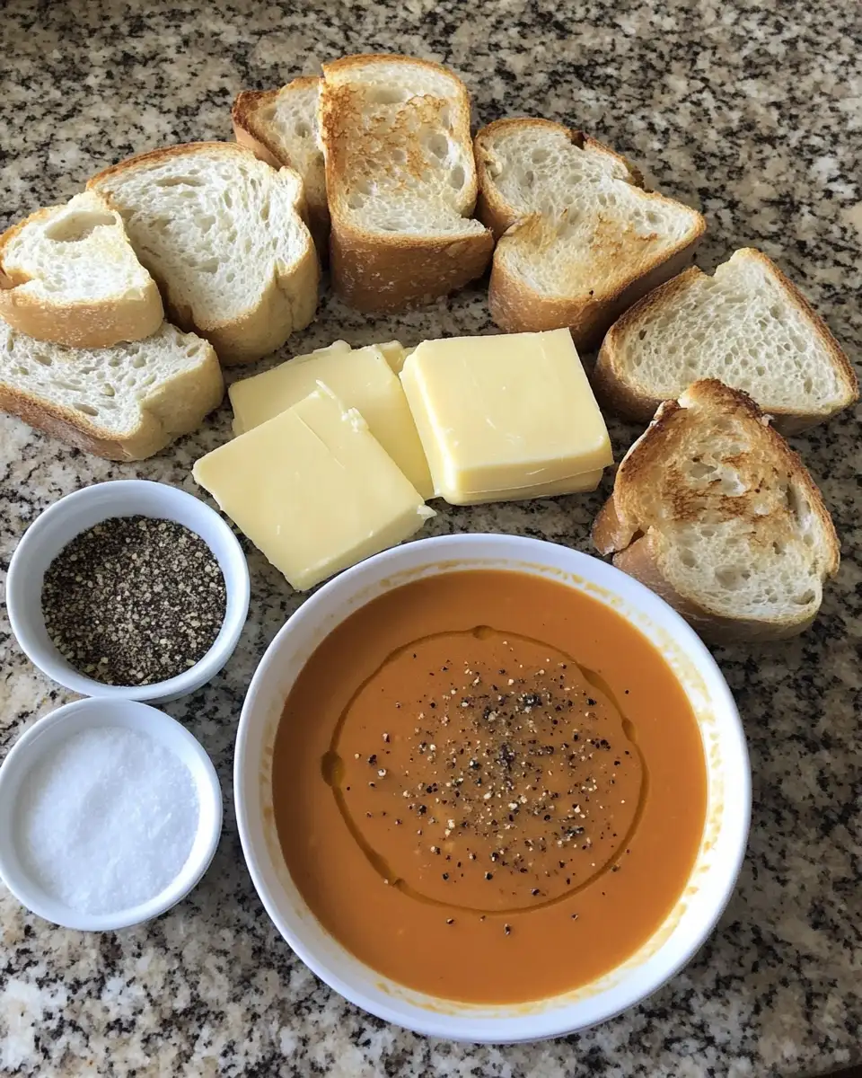 Ingredients for Ultimate Comfort: Creamy Tomato Bisque with Grilled Cheese Croutons Delight