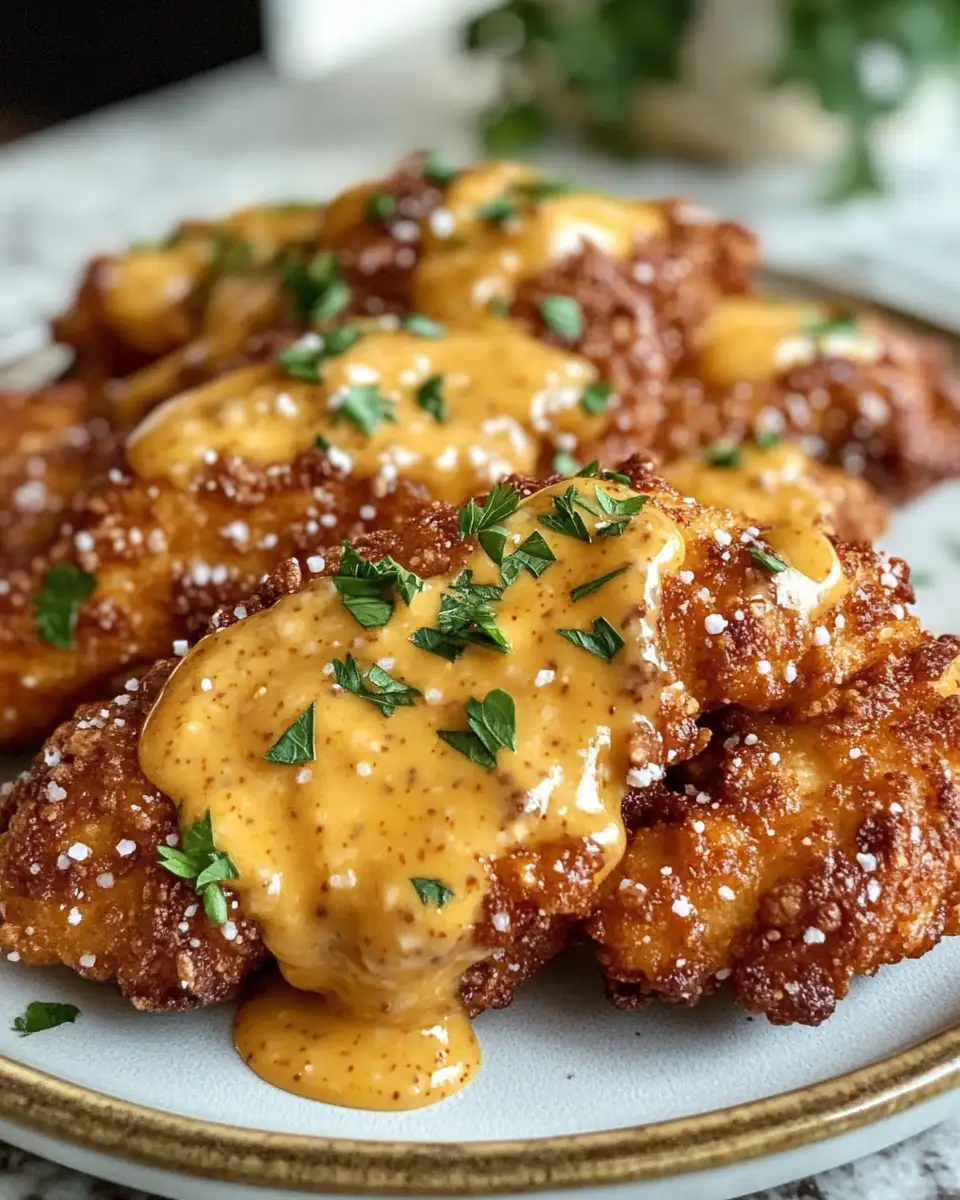 Final dish - Crispy Pretzel Chicken Meets Zesty Mustard-Cheddar Sauce Delight