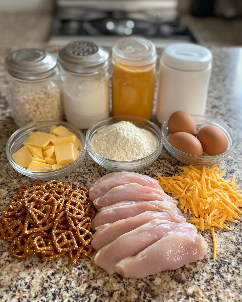 Ingredients for Crispy Pretzel Chicken Meets Zesty Mustard-Cheddar Sauce Delight