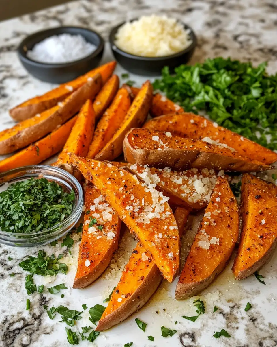 Ingredients for Crispy Delight: Savory Garlic and Parmesan Sweet Potato Wedges