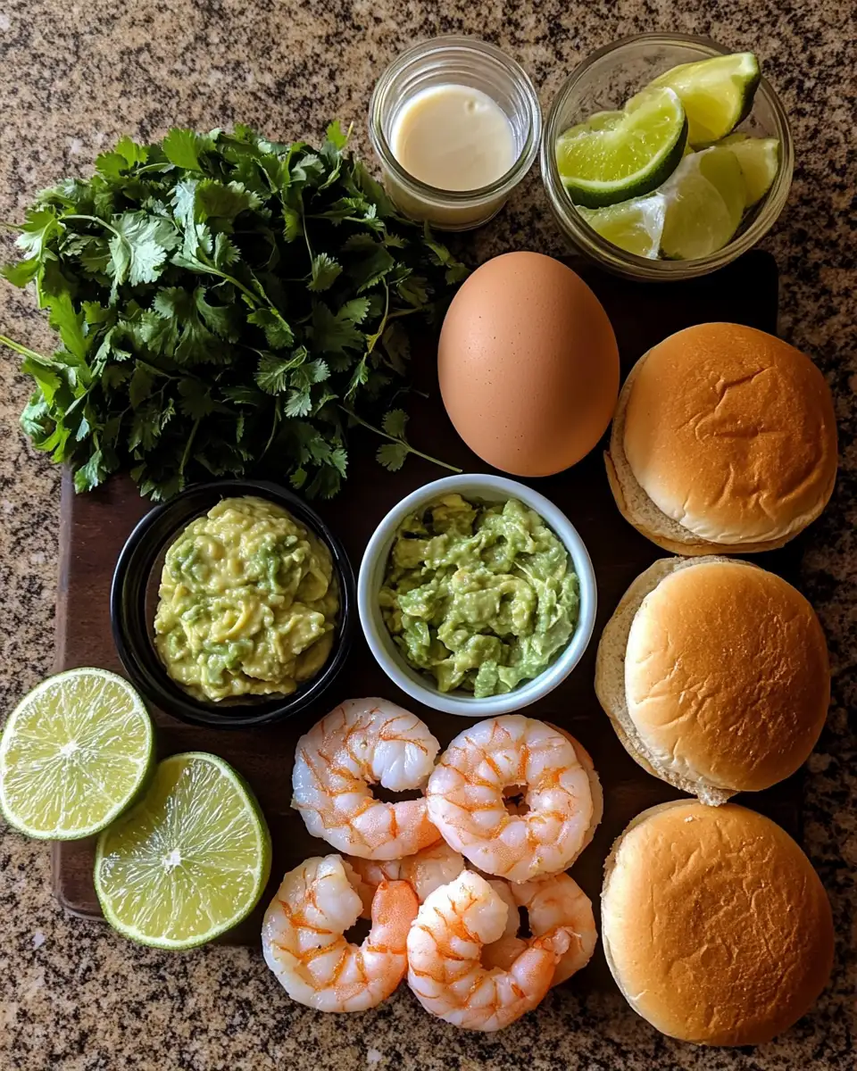 Ingredients for Zesty Shrimp Burgers with Cilantro and Guacamole Delight