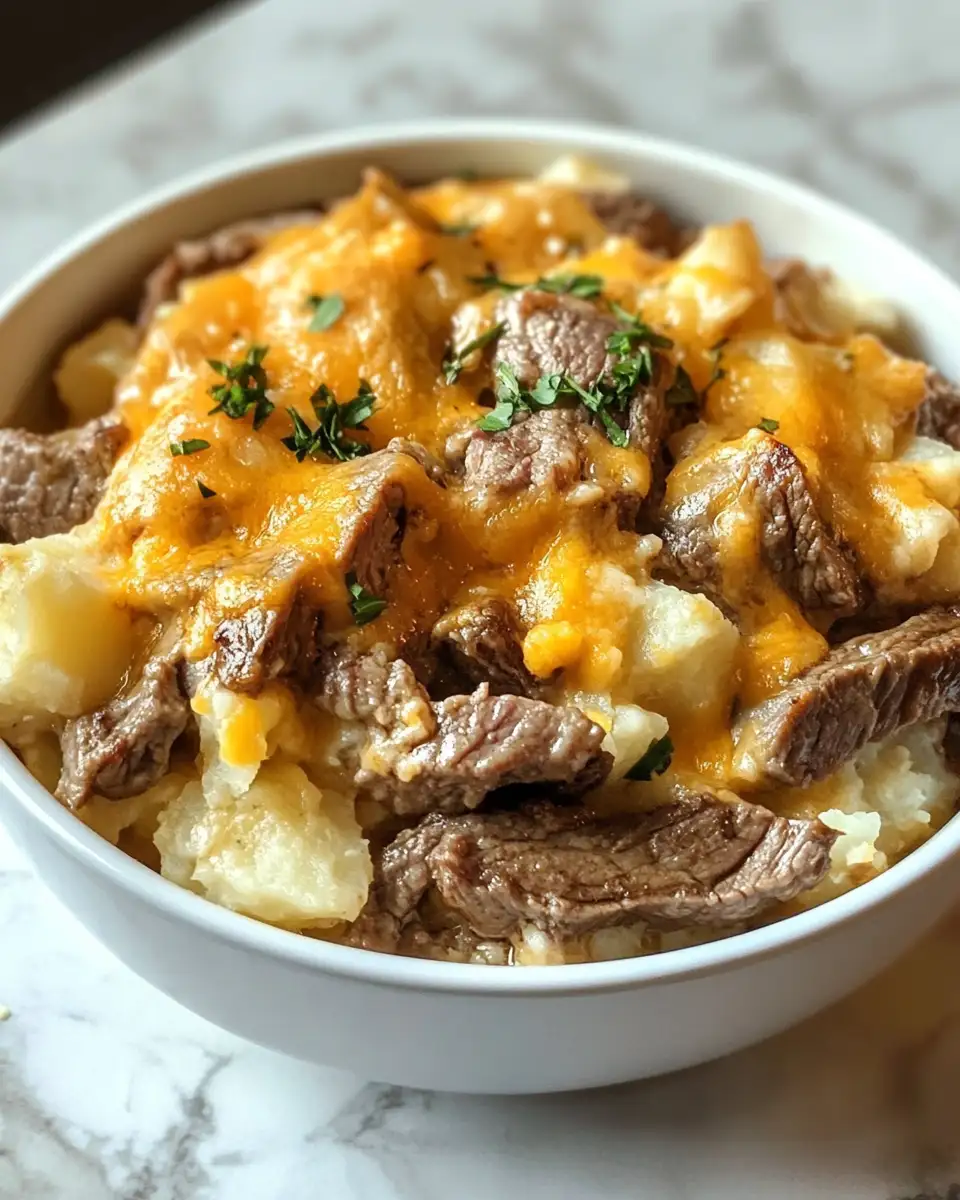 Final dish - Melting Magic: Slow Cooker Steak and Cheddar Potato Casserole Delight