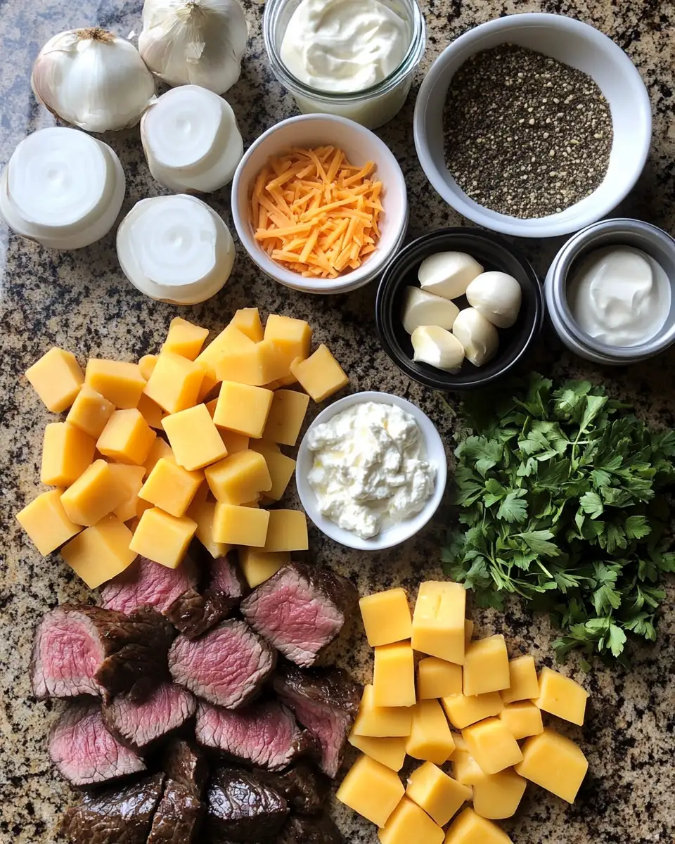 Ingredients for Melting Magic: Slow Cooker Steak and Cheddar Potato Casserole Delight