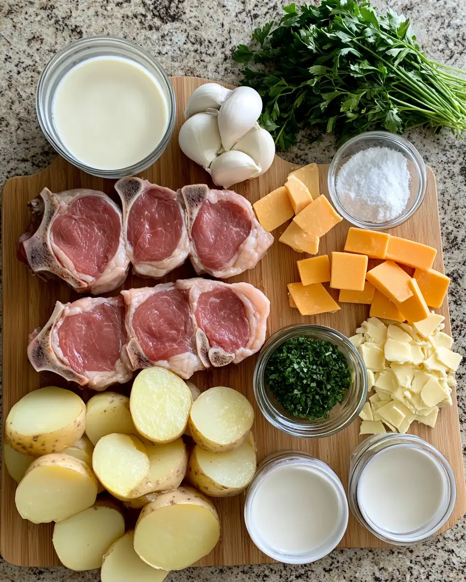 Ingredients for Hearty Comfort: Smothered Pork Chop and Scalloped Potato Casserole Delight