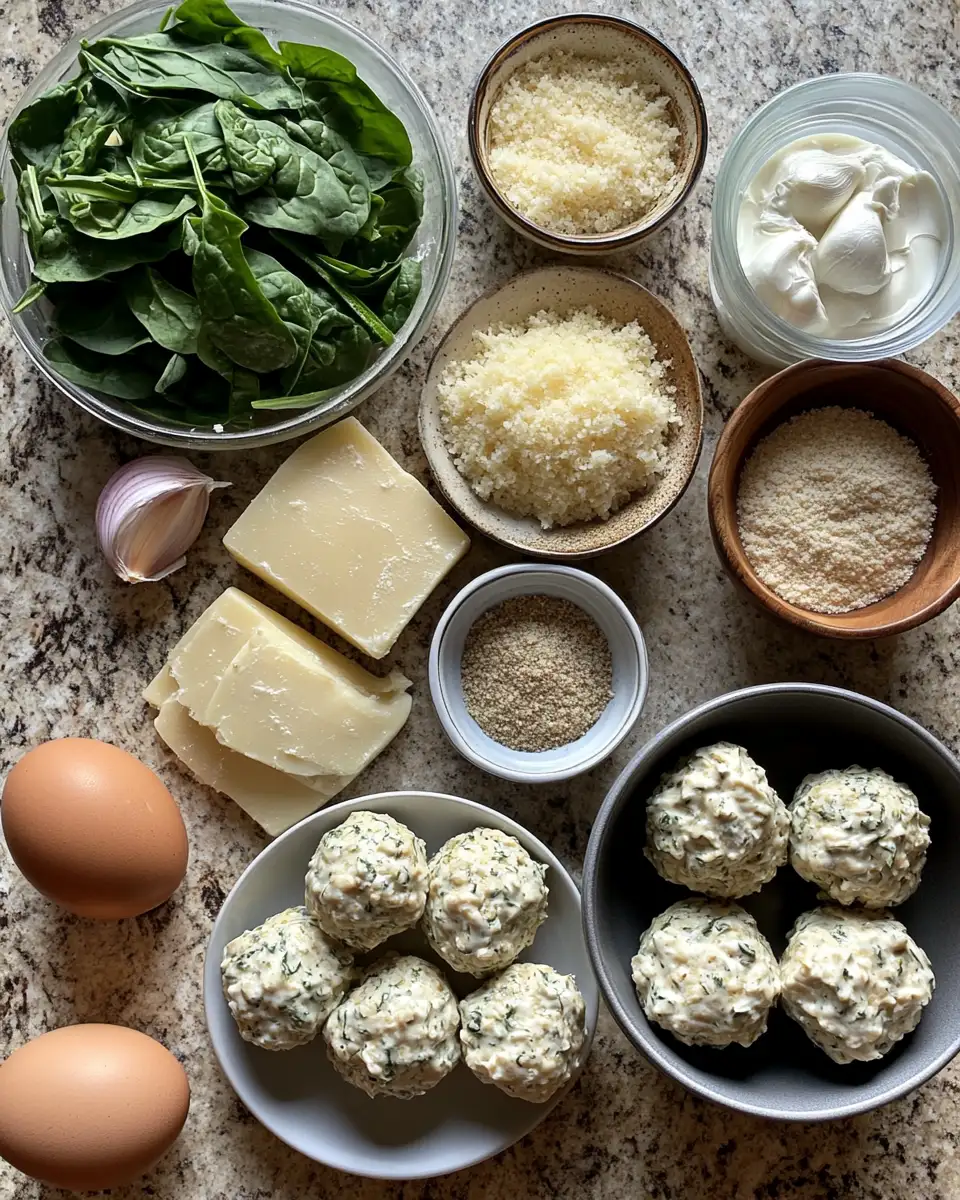 Deliciously Creamy Baked Chicken Ricotta Meatballs with Spinach Alfredo Sauce 4 Ingredients for Deliciously Creamy Baked Chicken Ricotta Meatballs with Spinach Alfredo Sauce
