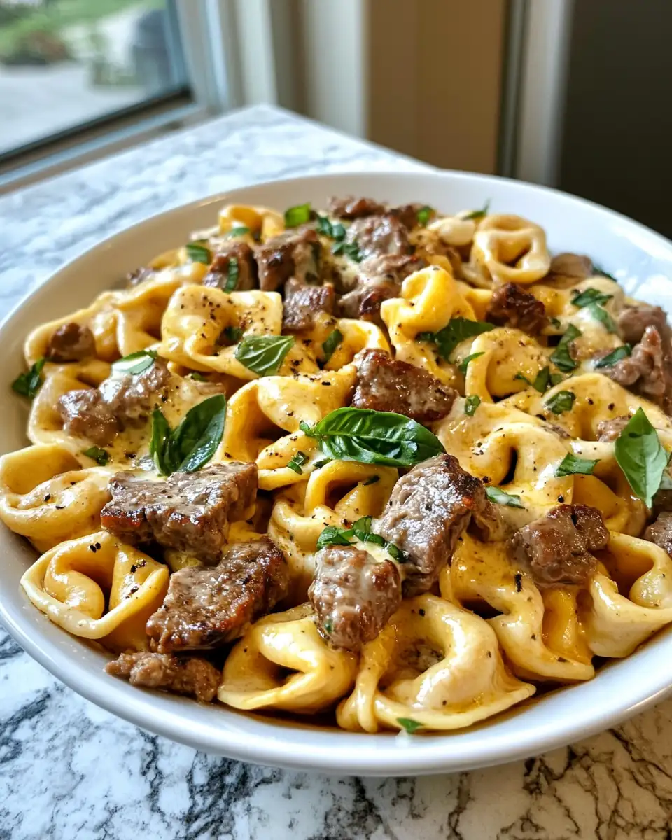 Final dish - Indulge in Cheesesteak Tortellini Drenched in Creamy Provolone Bliss