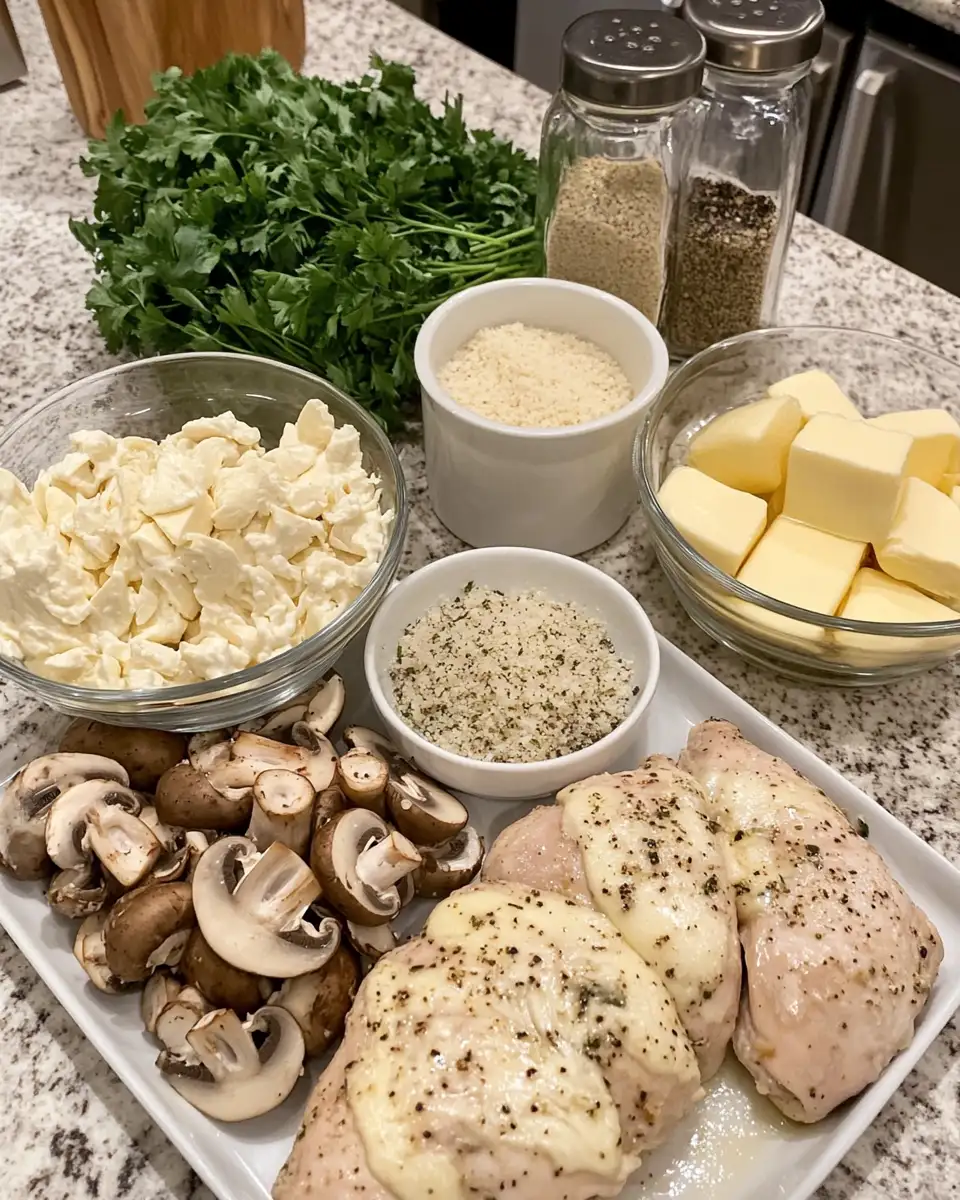 Ingredients for Melt-in-Your-Mouth Cheesy Garlic Butter Mushroom Stuffed Chicken Delight