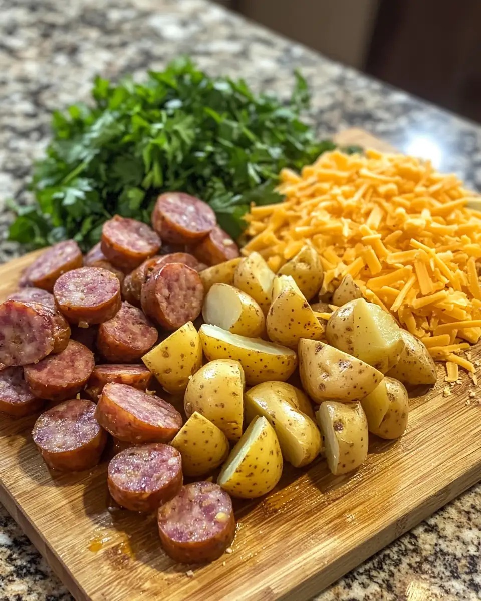 Ingredients for Sizzling Cheesy Ranch Potatoes and Smoked Sausage Delight