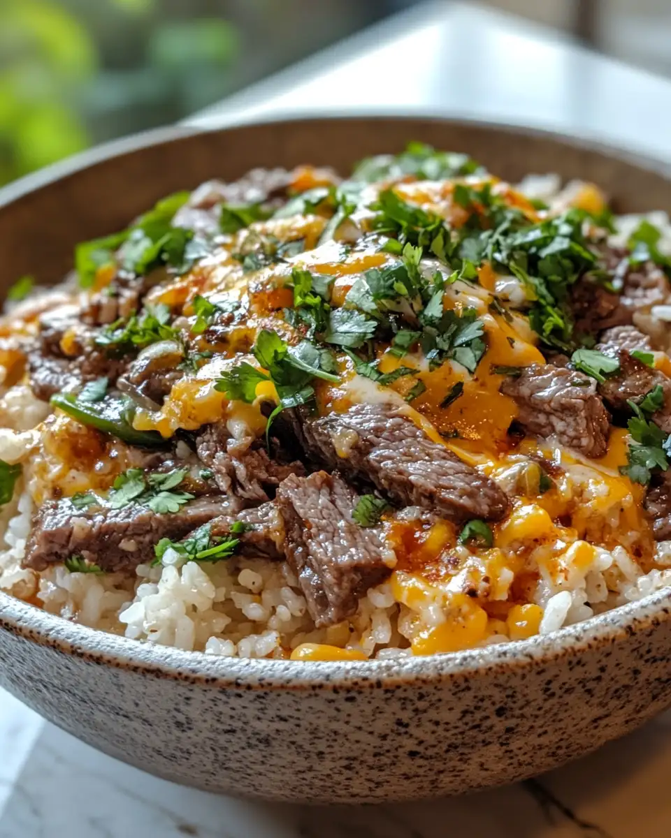 Final dish - Irresistible Cheesy Steak & Queso Rice Bowl: A Flavor Explosion in Every Bite