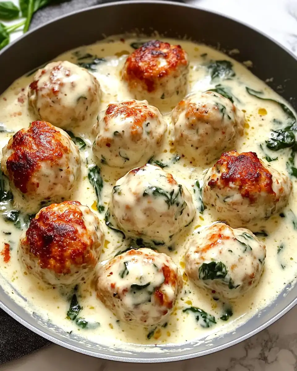 Heavenly Chicken Ricotta Meatballs in Luscious Spinach Alfredo Sauce - Featured Image