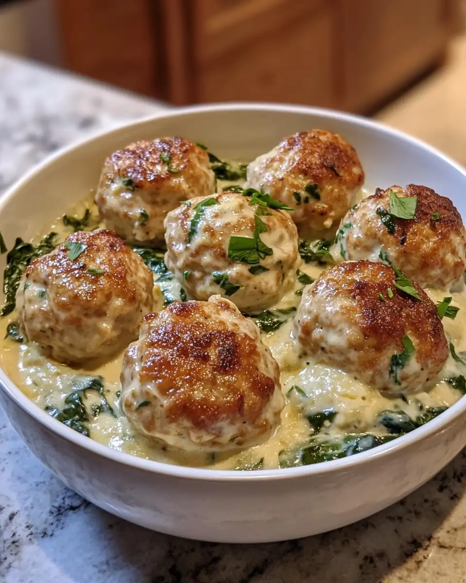 Final dish - Heavenly Chicken Ricotta Meatballs in Luscious Spinach Alfredo Sauce