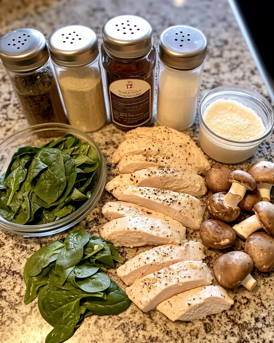 Ingredients for Irresistible Chicken, Spinach, and Mushroom Bake: A Comfort Food Classic