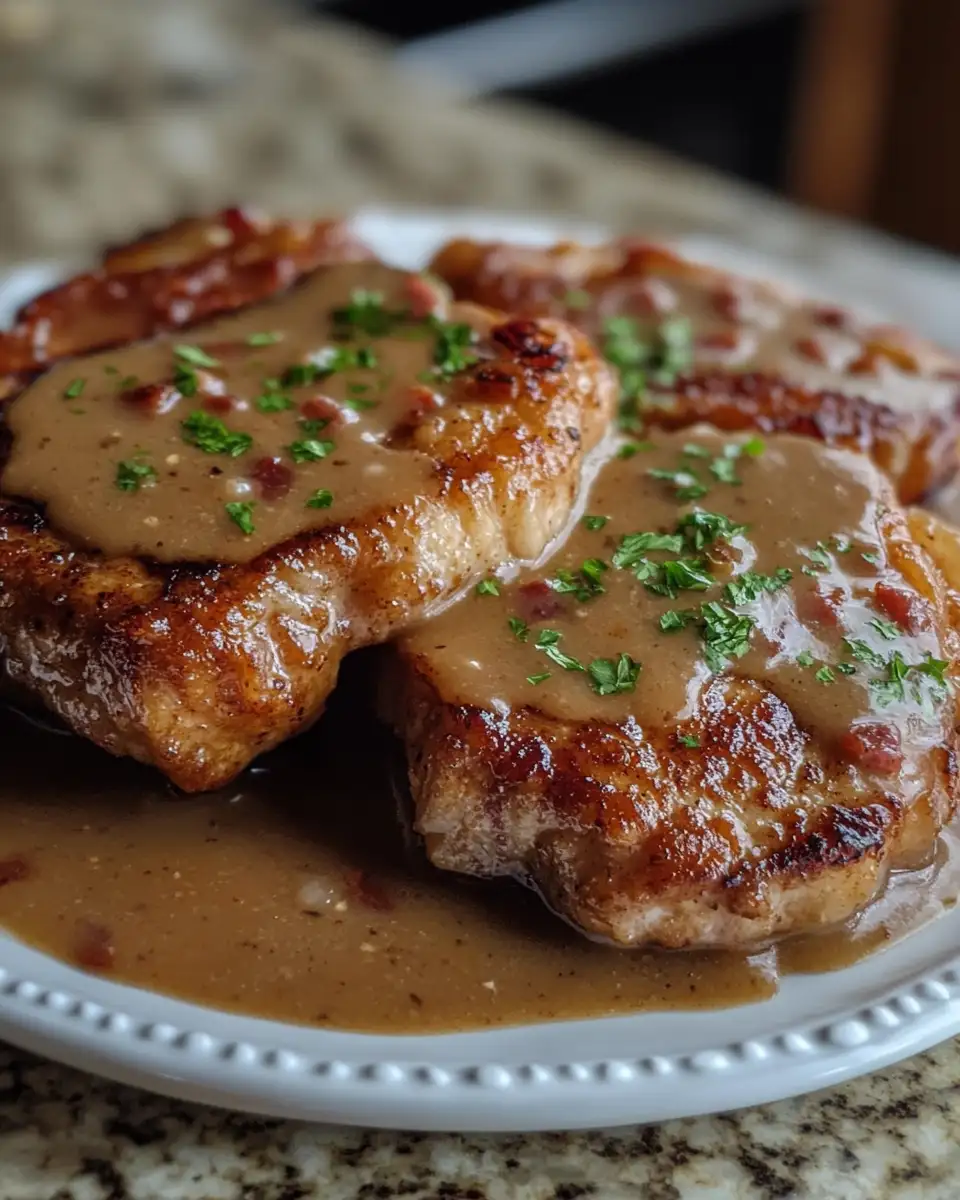 Final dish - Sizzling Country Fried Pork Chops Drenched in Decadent Bacon Gravy