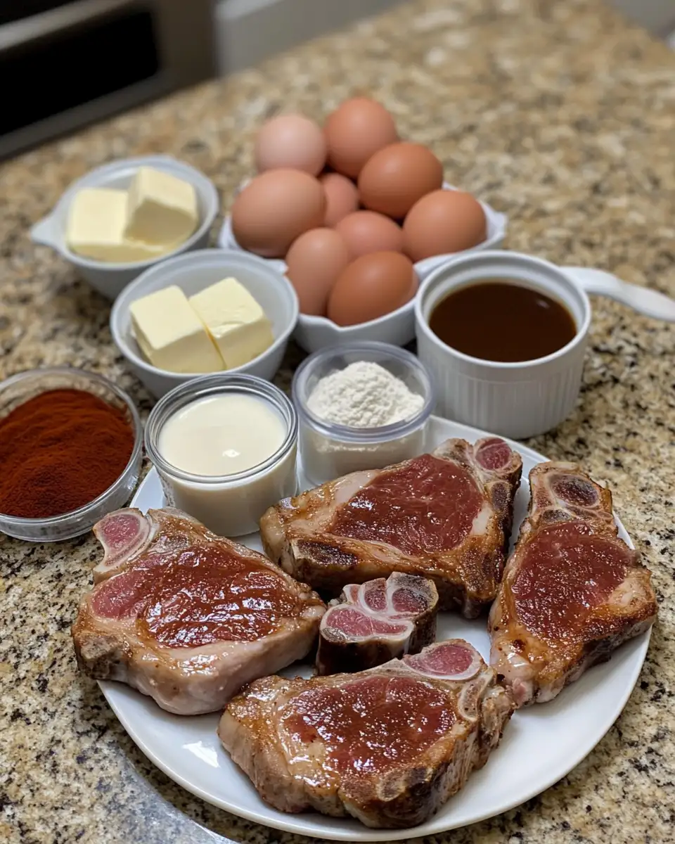 Ingredients for Sizzling Country Fried Pork Chops Drenched in Decadent Bacon Gravy