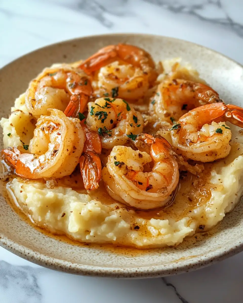 Final dish - Decadent Creamy Garlic Shrimp Over Fluffy Mashed Potatoes Delight