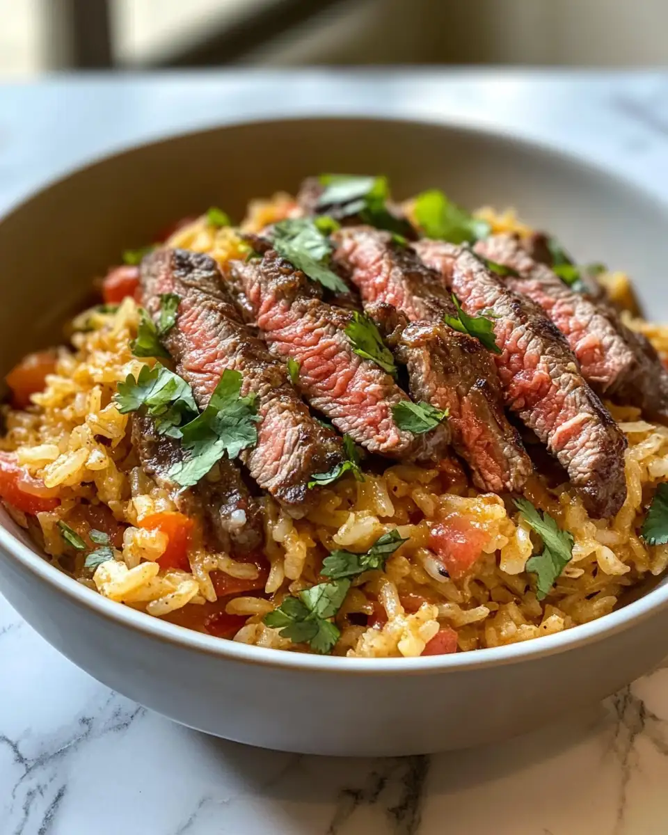 Final dish - Savor the Flavor: Creamy Queso Rice Meets Juicy Steak Strips
