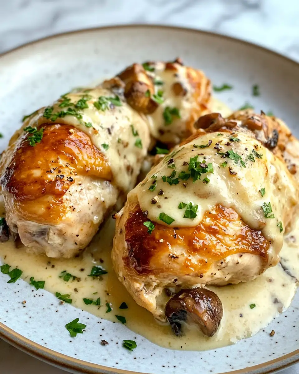 Final dish - Decadent Garlic Butter Mushroom Stuffed Chicken with Luscious Creamy Parmesan Sauce
