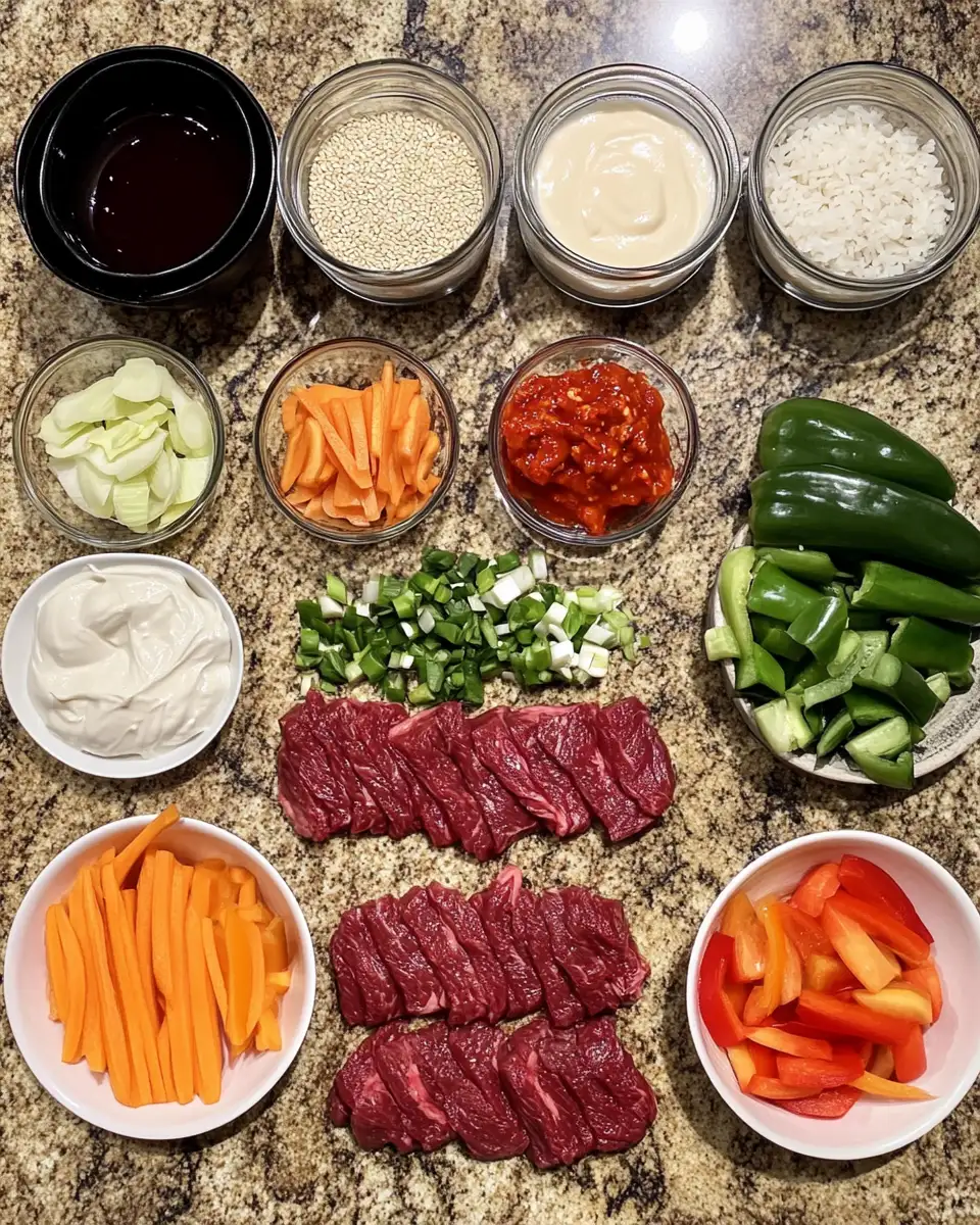Ingredients for Savor the Flavor Korean BBQ Steak Rice Bowls with Spicy Cream Sauce