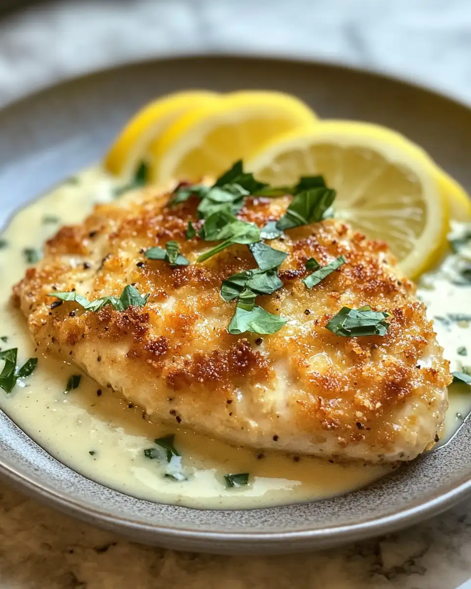Final dish - Zesty Lemon Pecorino Crusted Chicken with Creamy Lemon Sauce Delight