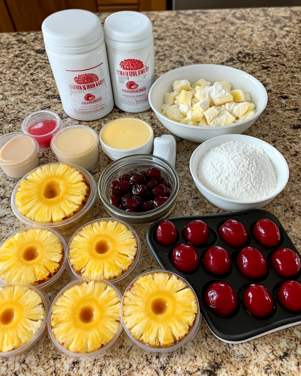 Mini Pineapple Upside Down Cakes: A Tropical Twist on a Classic Delight 4 Ingredients for Mini Pineapple Upside Down Cakes: A Tropical Twist on a Classic Delight