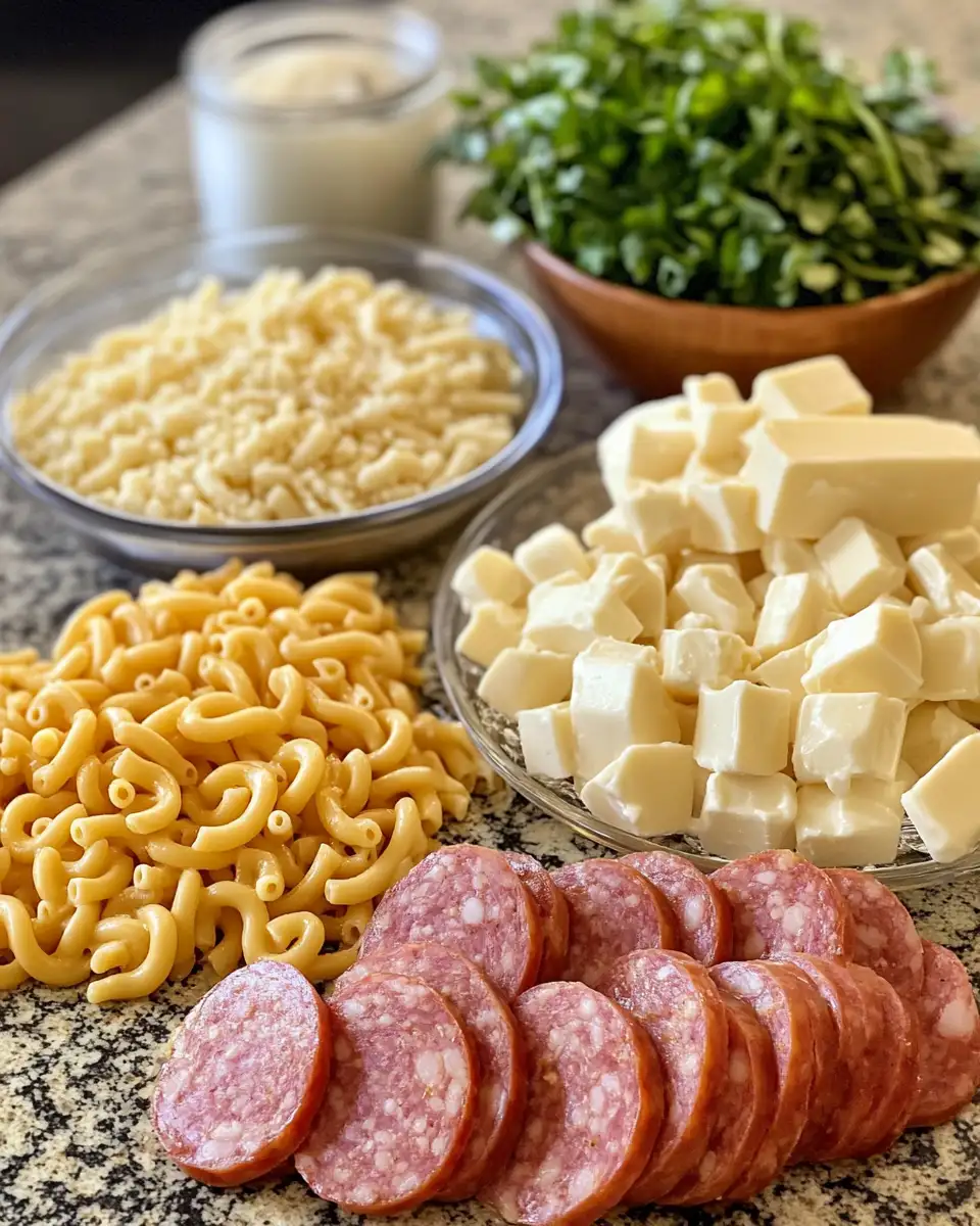 Ingredients for Ultimate Comfort: One Pot Mac and Cheese with Kielbasa