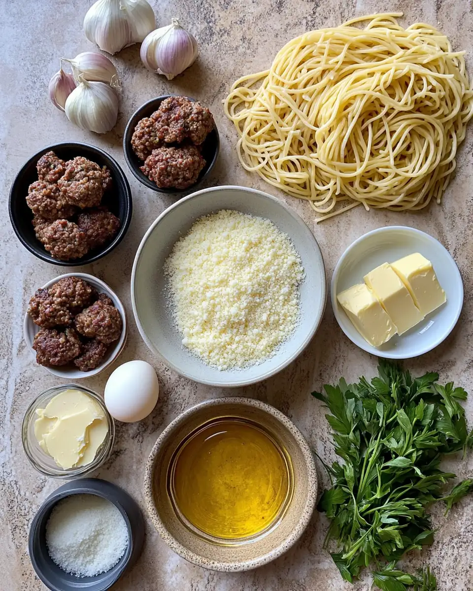 Ingredients for Savor the Symphony of Parmesan Linguine and Garlic Butter Meatballs
