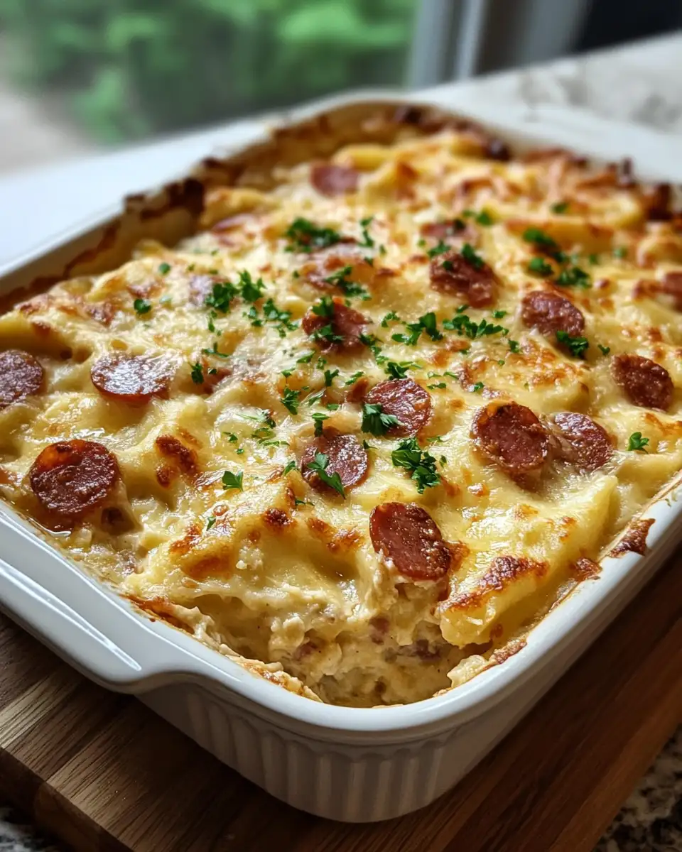 Final dish - Cheesy Comfort: Indulge in Pierogi Casserole with Kielbasa