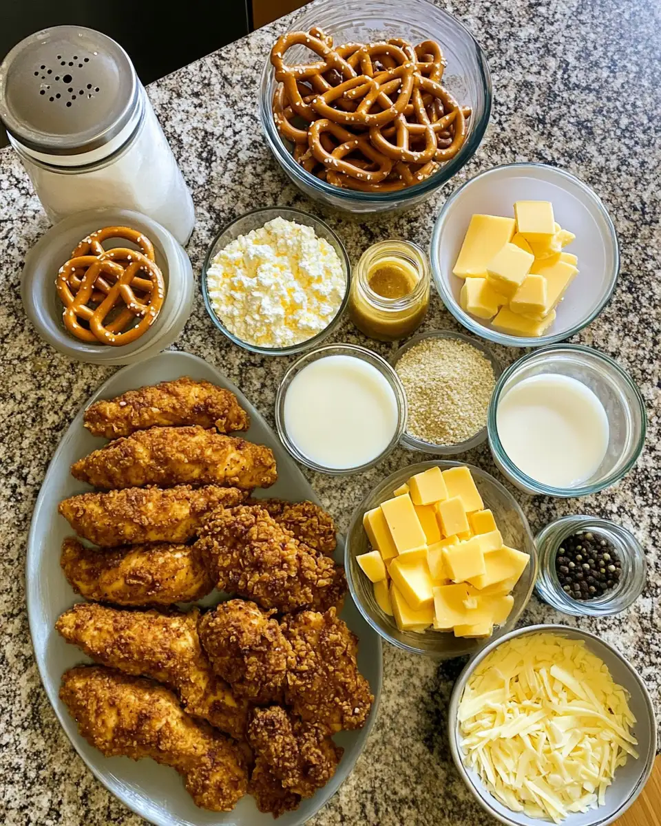 Ingredients for Crispy Pretzel Chicken Meets Zesty Mustard-Cheddar Sauce Delight