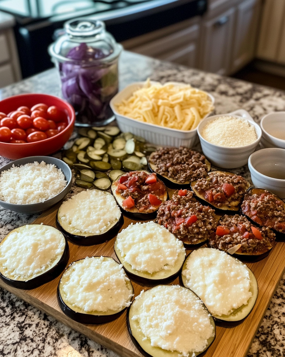 Ingredients for Mouthwatering Savory Baked Eggplant with Meat and Cheese Delight