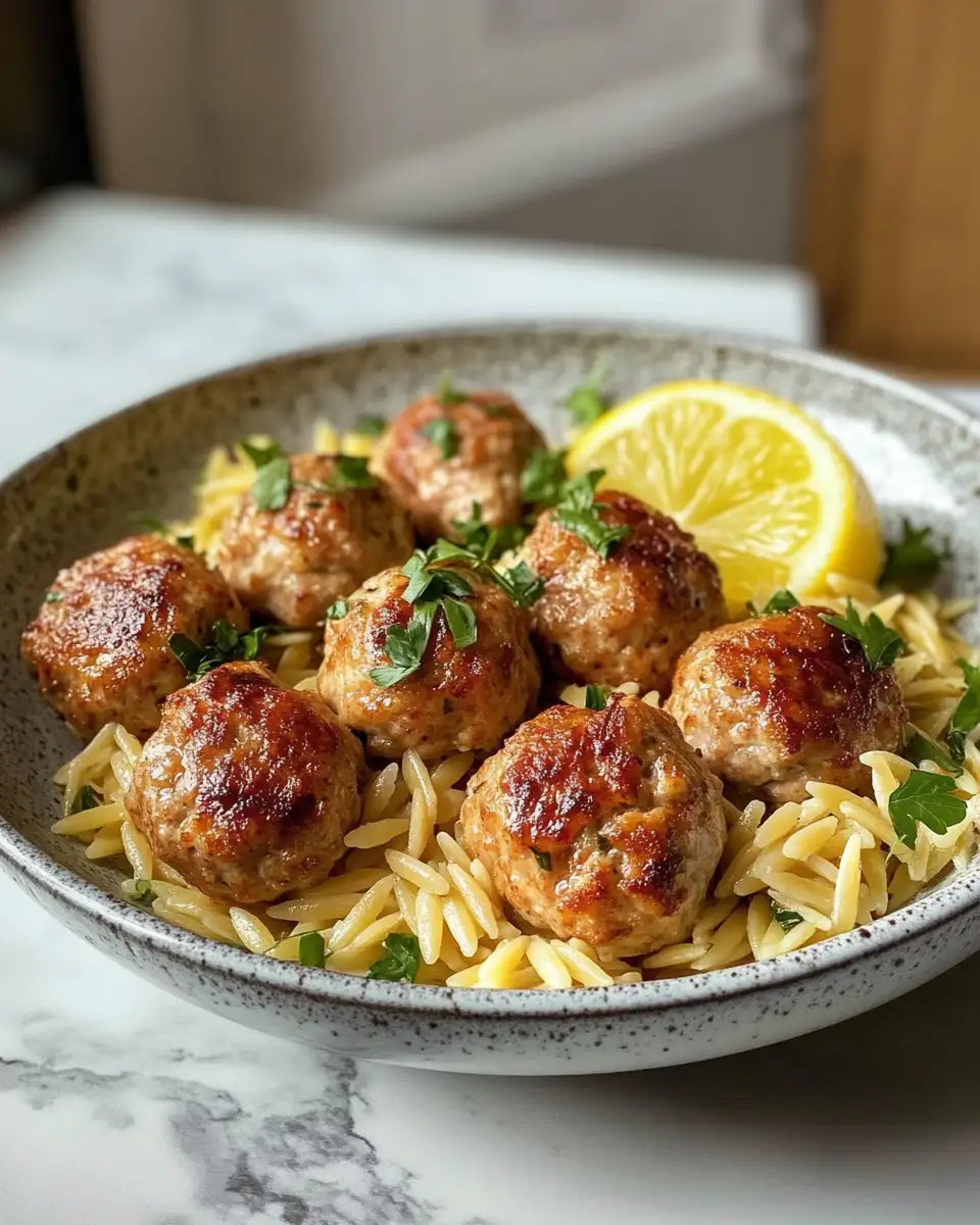 Final dish - Savory Greek Chicken Meatballs with Zesty Lemon Orzo for a Mediterranean Delight