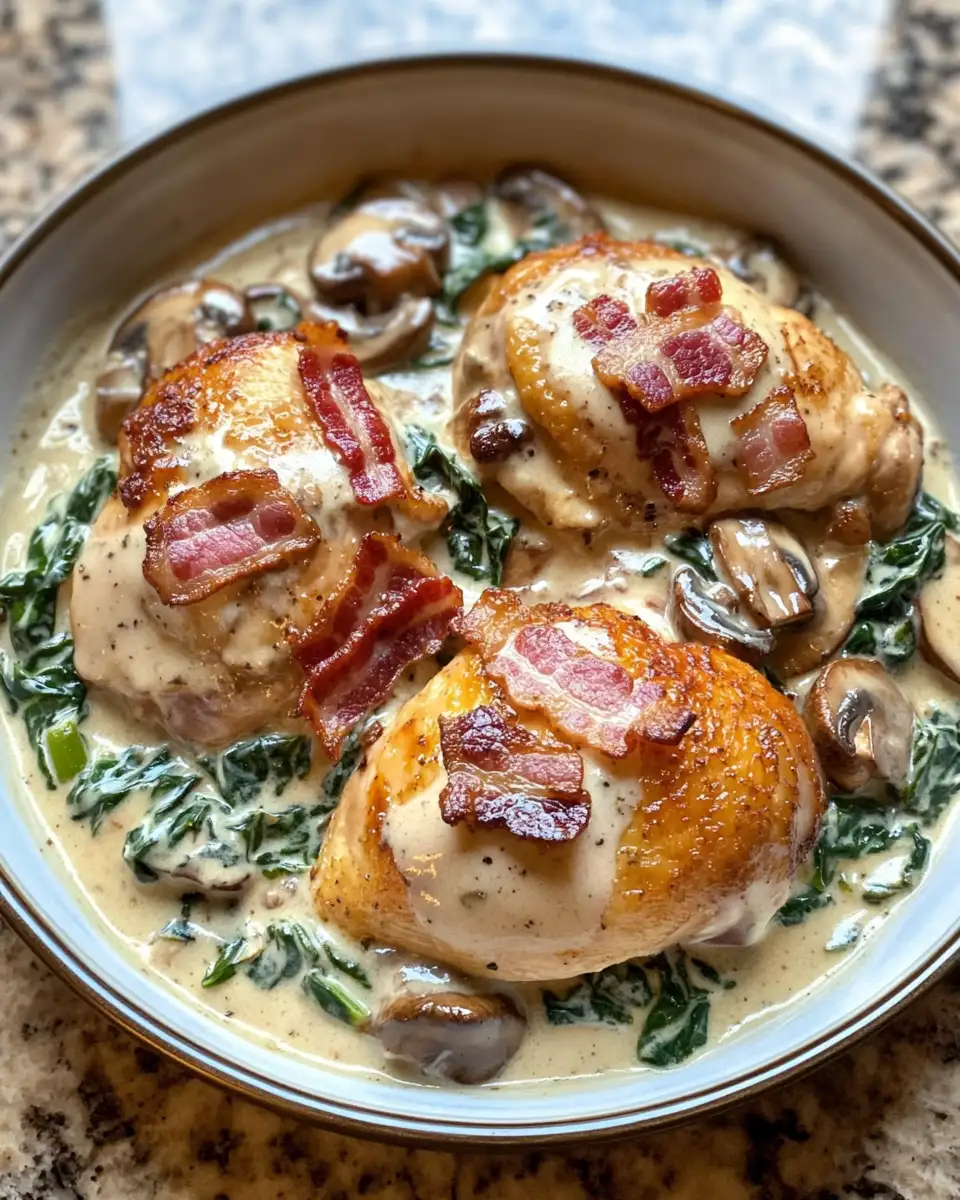 Decadent Smothered Chicken: A Symphony of Creamed Spinach, Bacon, and Mushrooms 4 Final dish - Decadent Smothered Chicken: A Symphony of Creamed Spinach, Bacon, and Mushrooms