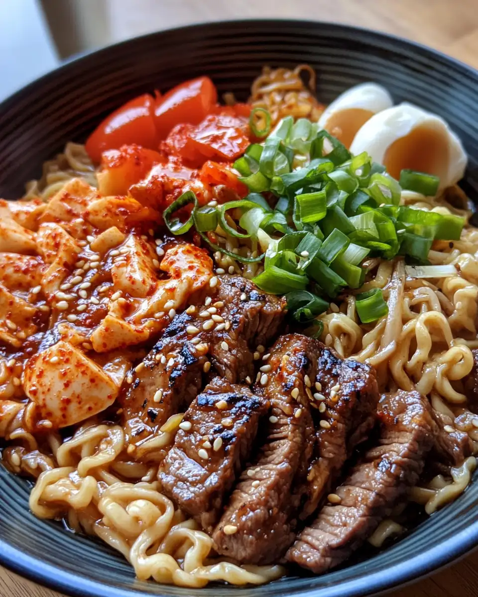 Final dish - Fiery Flavors: Spicy Korean Ramen with Grilled Beef and Creamy Sauce