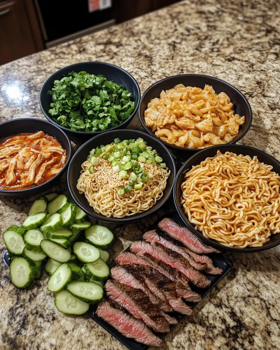 Ingredients for Fiery Flavors: Spicy Korean Ramen with Grilled Beef and Creamy Sauce