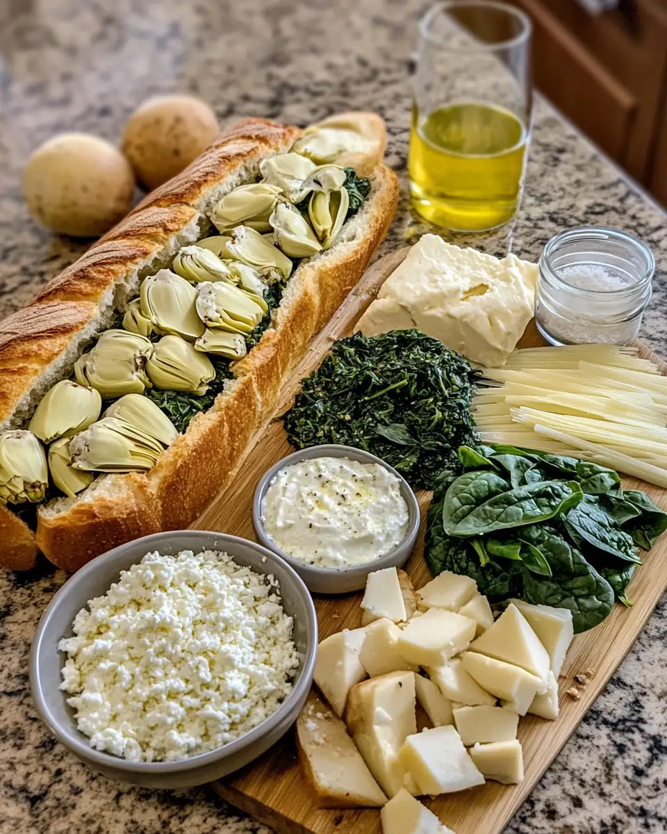 Ingredients for Irresistible Spinach and Artichoke Stuffed Bread Delight