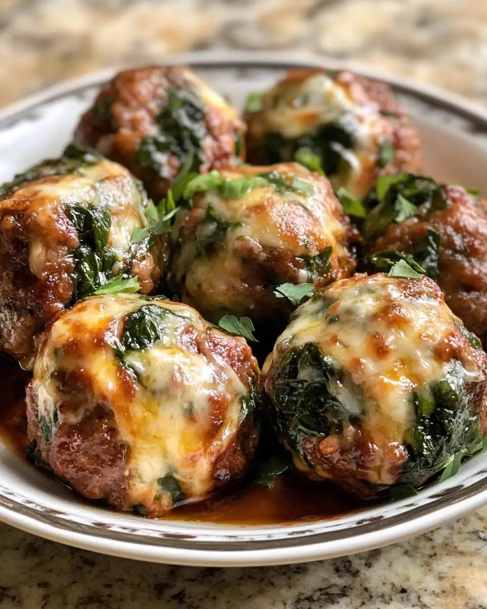 Final dish - Mouthwatering Spinach Garlic Meatballs Stuffed with Melty Mozzarella Magic