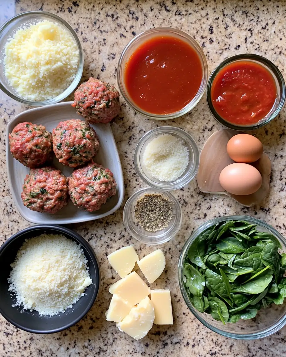 Ingredients for Flavor-Packed Spinach Garlic Meatballs Stuffed with Gooey Mozzarella