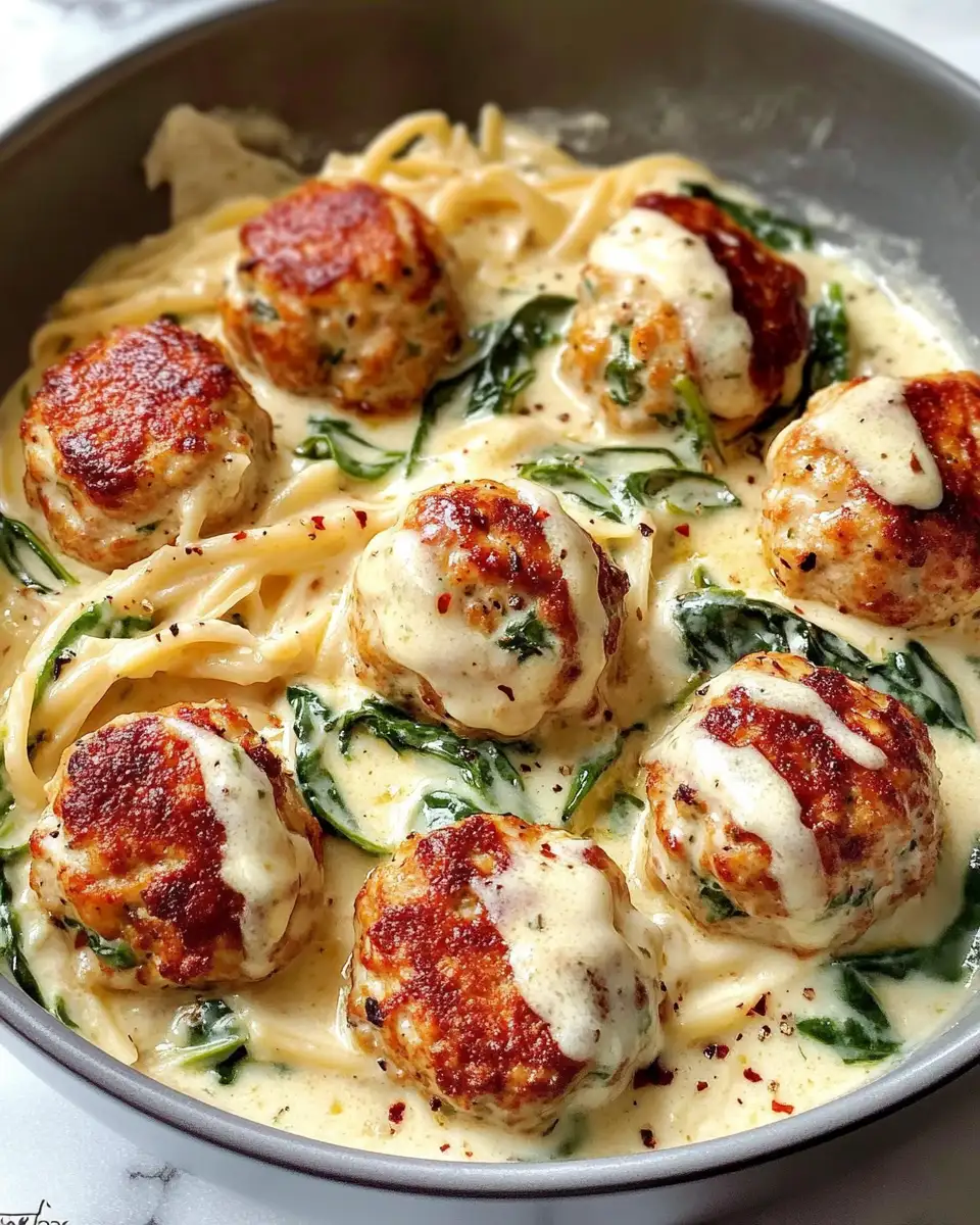 Decadent Baked Chicken Ricotta Meatballs with Creamy Spinach Alfredo - Featured Image