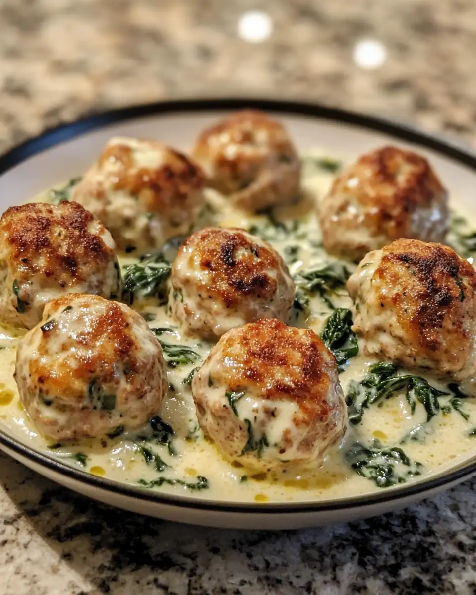 Final dish - Decadent Baked Chicken Ricotta Meatballs with Creamy Spinach Alfredo
