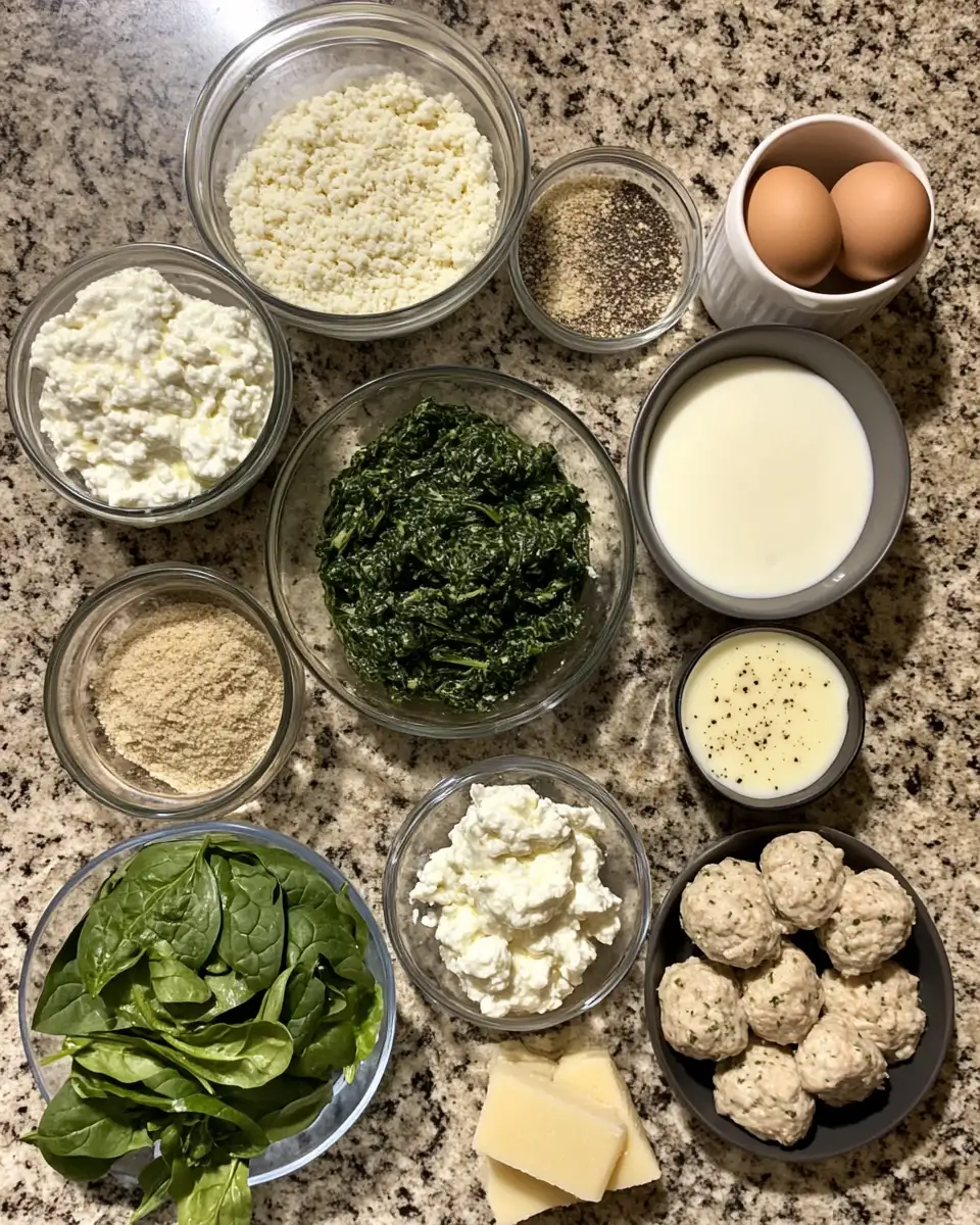 Ingredients for Decadent Baked Chicken Ricotta Meatballs with Creamy Spinach Alfredo