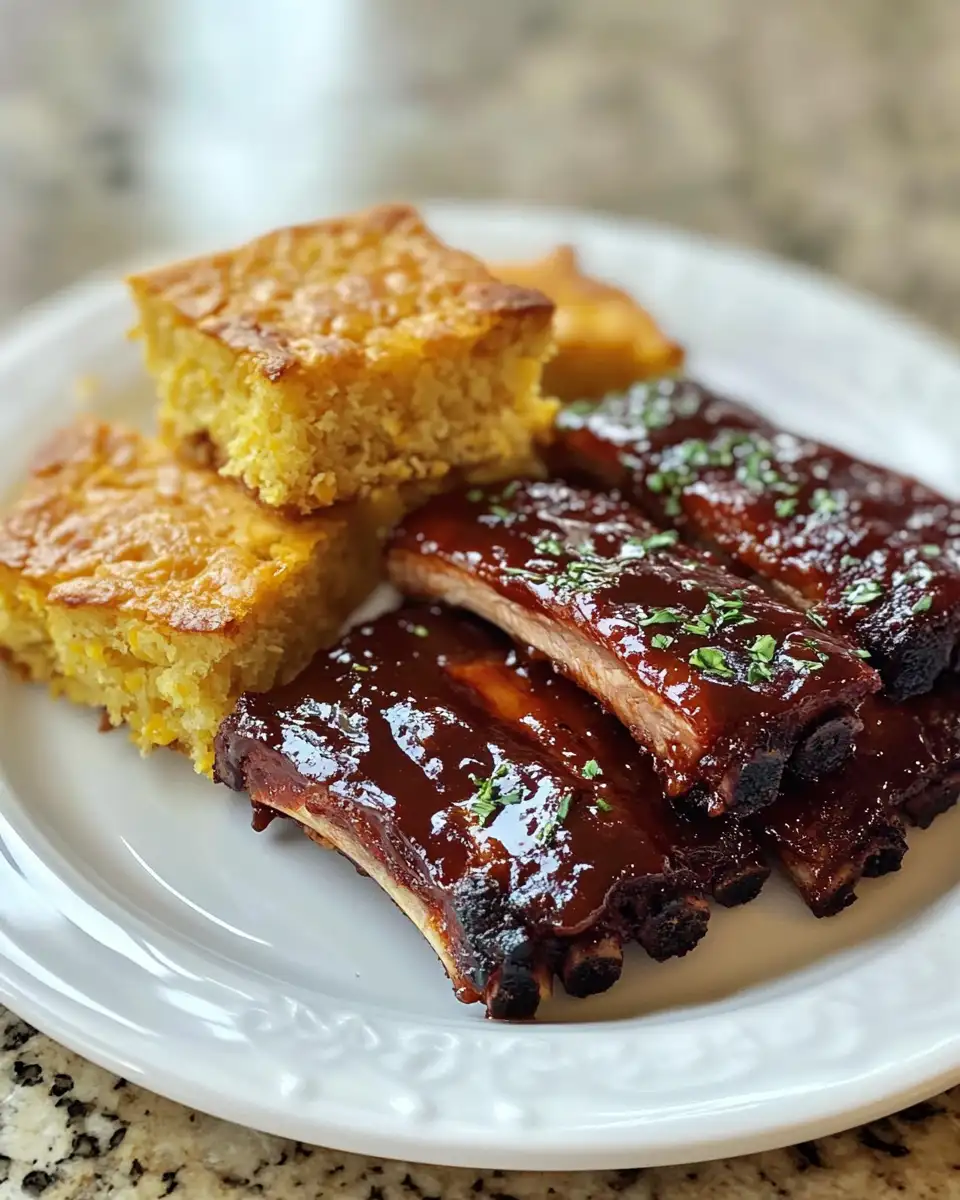 Final dish - Savor the Sweet and Savory Delight of Brown Sugar BBQ Ribs with Irresistible Cornbread